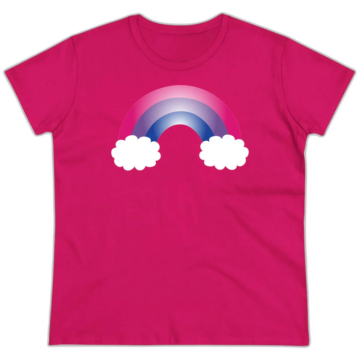 Illustration of a colorful gradient rainbow arc with pink, purple, and blue rings connecting two white fluffy clouds against a gray background in Heliconia