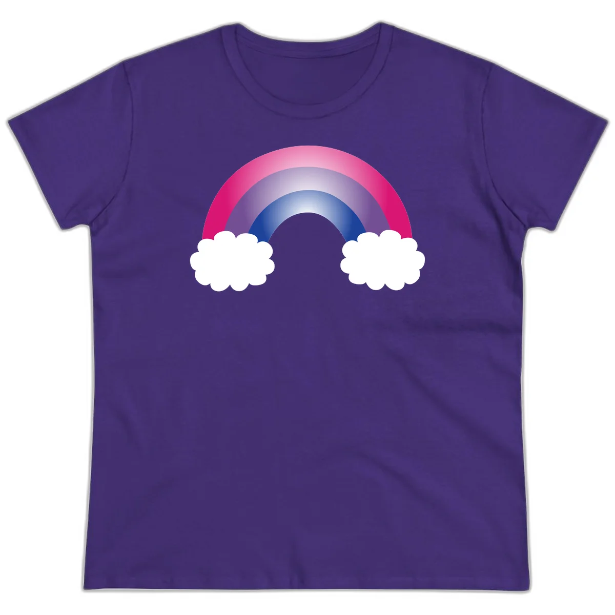 Illustration of a colorful gradient rainbow arc with pink, purple, and blue rings connecting two white fluffy clouds against a gray background in Purple