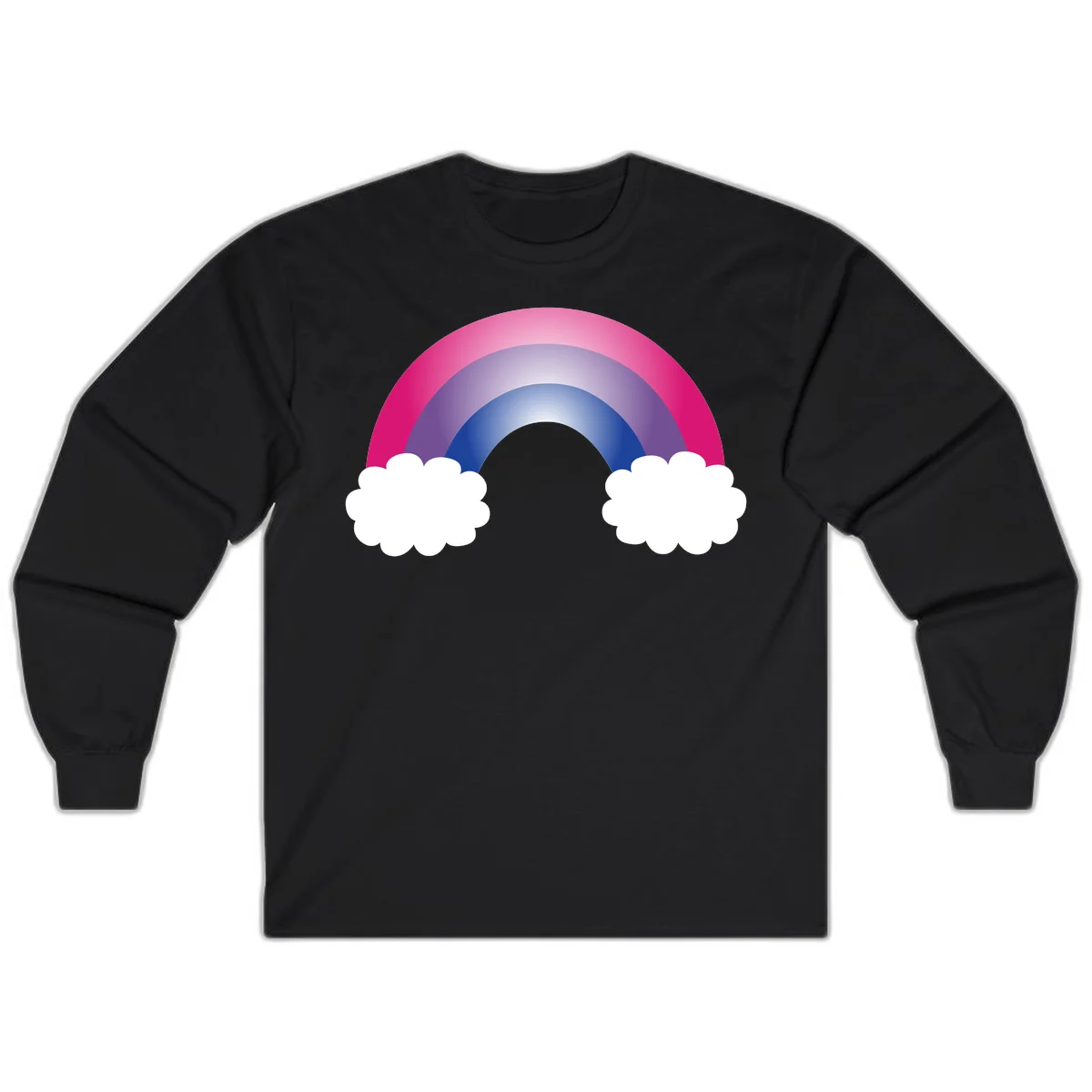 Illustration of a colorful gradient rainbow arc with pink, purple, and blue rings connecting two white fluffy clouds against a gray background in Black