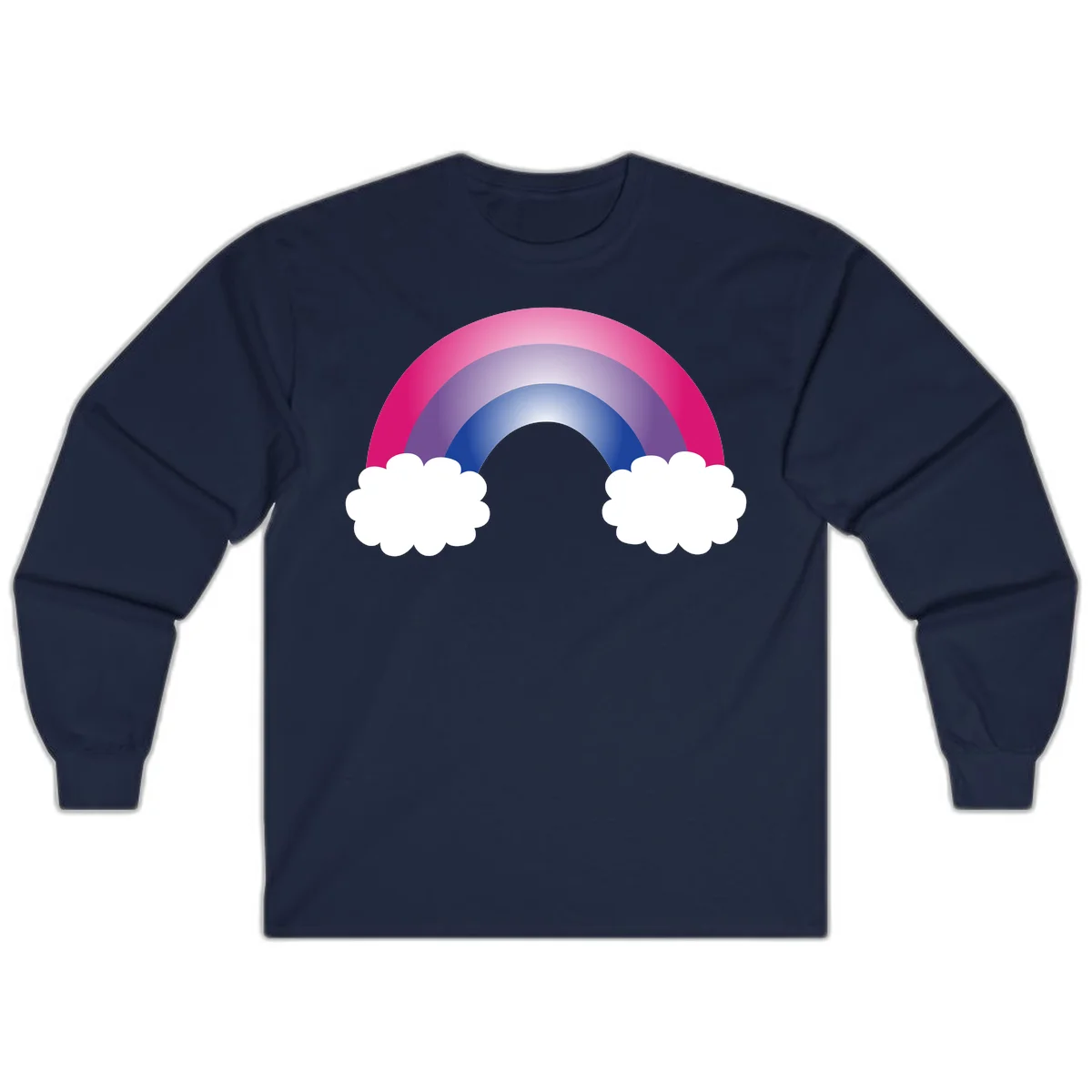 Illustration of a colorful gradient rainbow arc with pink, purple, and blue rings connecting two white fluffy clouds against a gray background in Navy