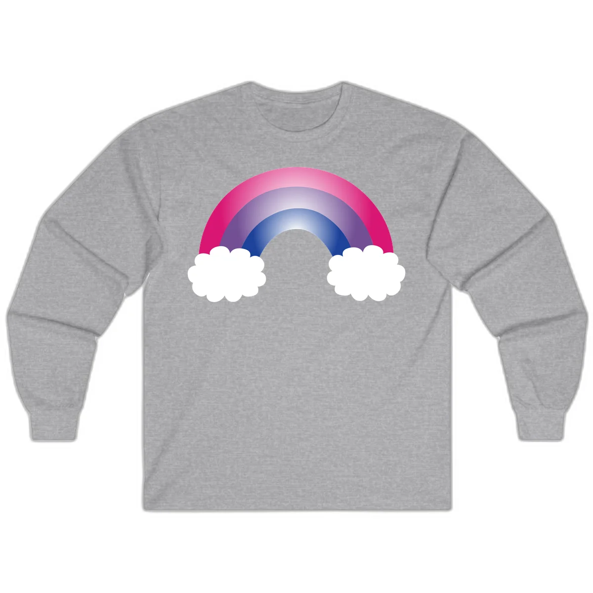 Illustration of a colorful gradient rainbow arc with pink, purple, and blue rings connecting two white fluffy clouds against a gray background in Sport Grey