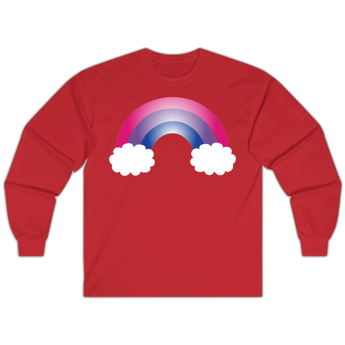 Illustration of a colorful gradient rainbow arc with pink, purple, and blue rings connecting two white fluffy clouds against a gray background in Red