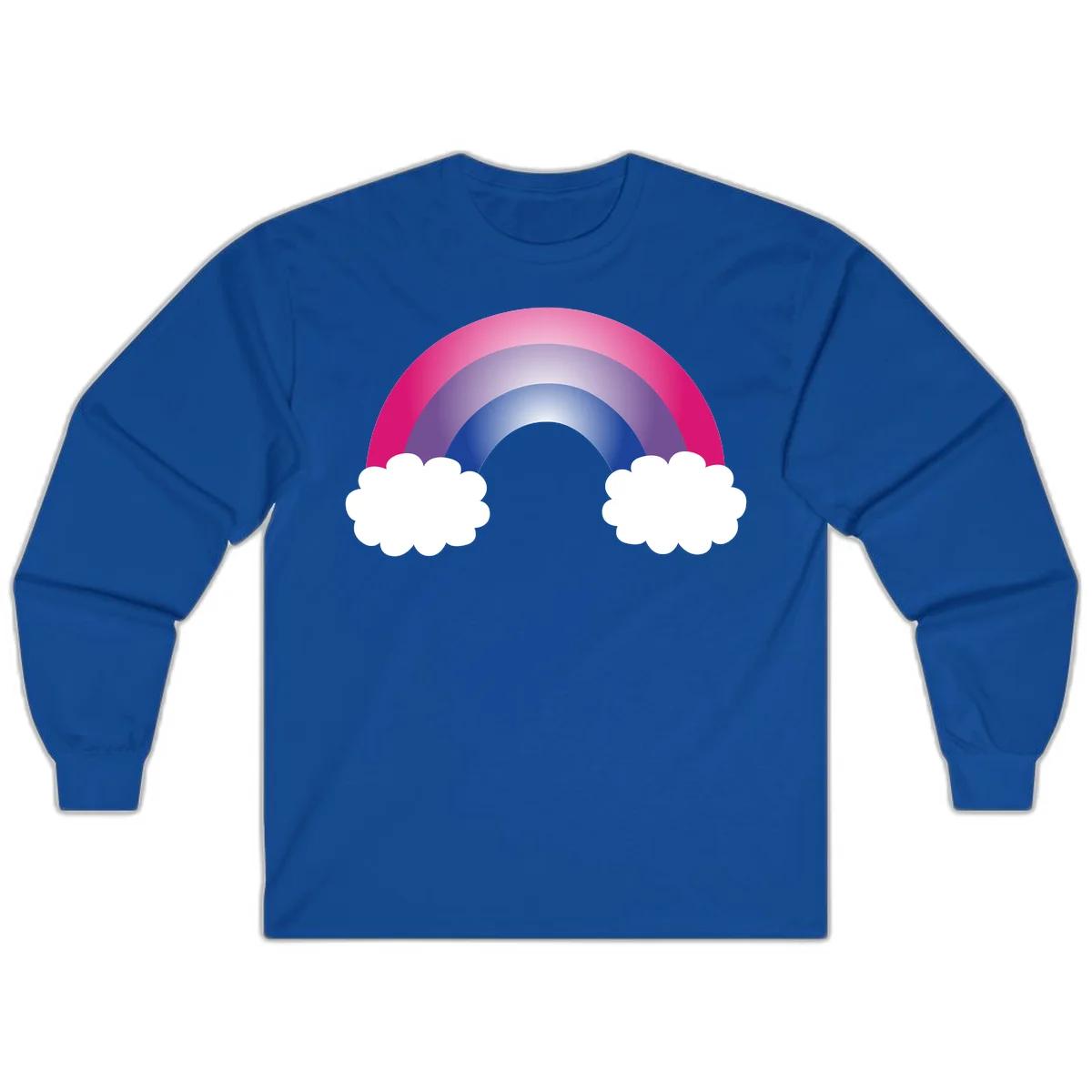 Illustration of a colorful gradient rainbow arc with pink, purple, and blue rings connecting two white fluffy clouds against a gray background in Royal