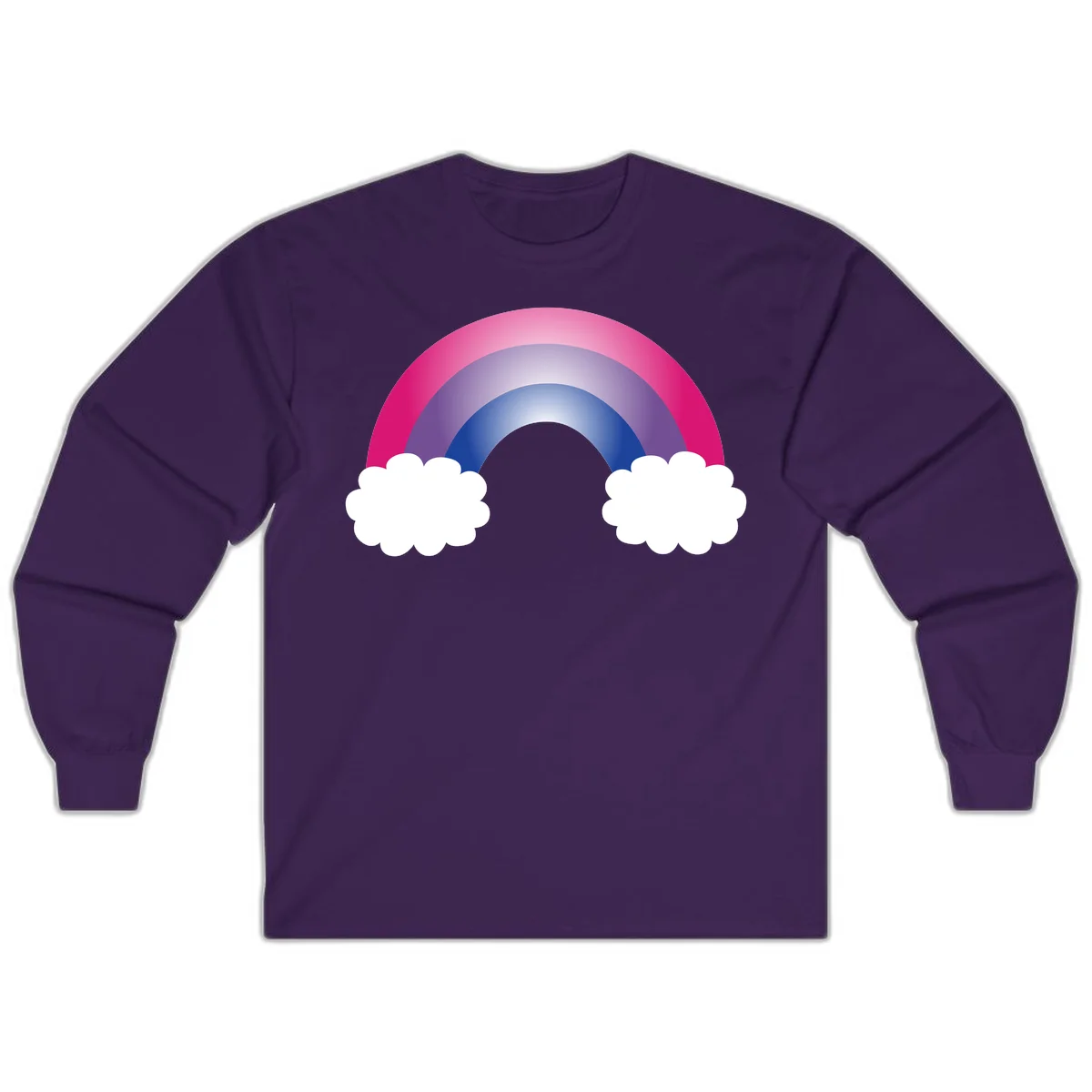Illustration of a colorful gradient rainbow arc with pink, purple, and blue rings connecting two white fluffy clouds against a gray background in Purple