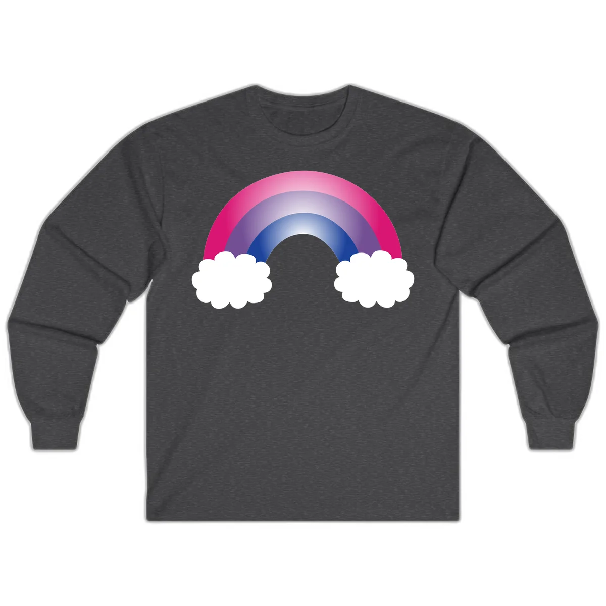 Illustration of a colorful gradient rainbow arc with pink, purple, and blue rings connecting two white fluffy clouds against a gray background in Dark Heather