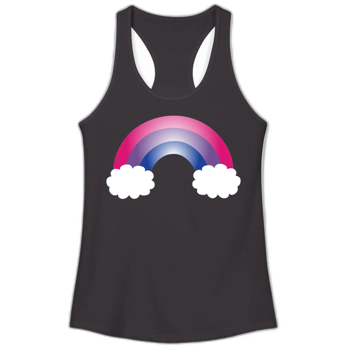 Illustration of a colorful gradient rainbow arc with pink, purple, and blue rings connecting two white fluffy clouds against a gray background in Black