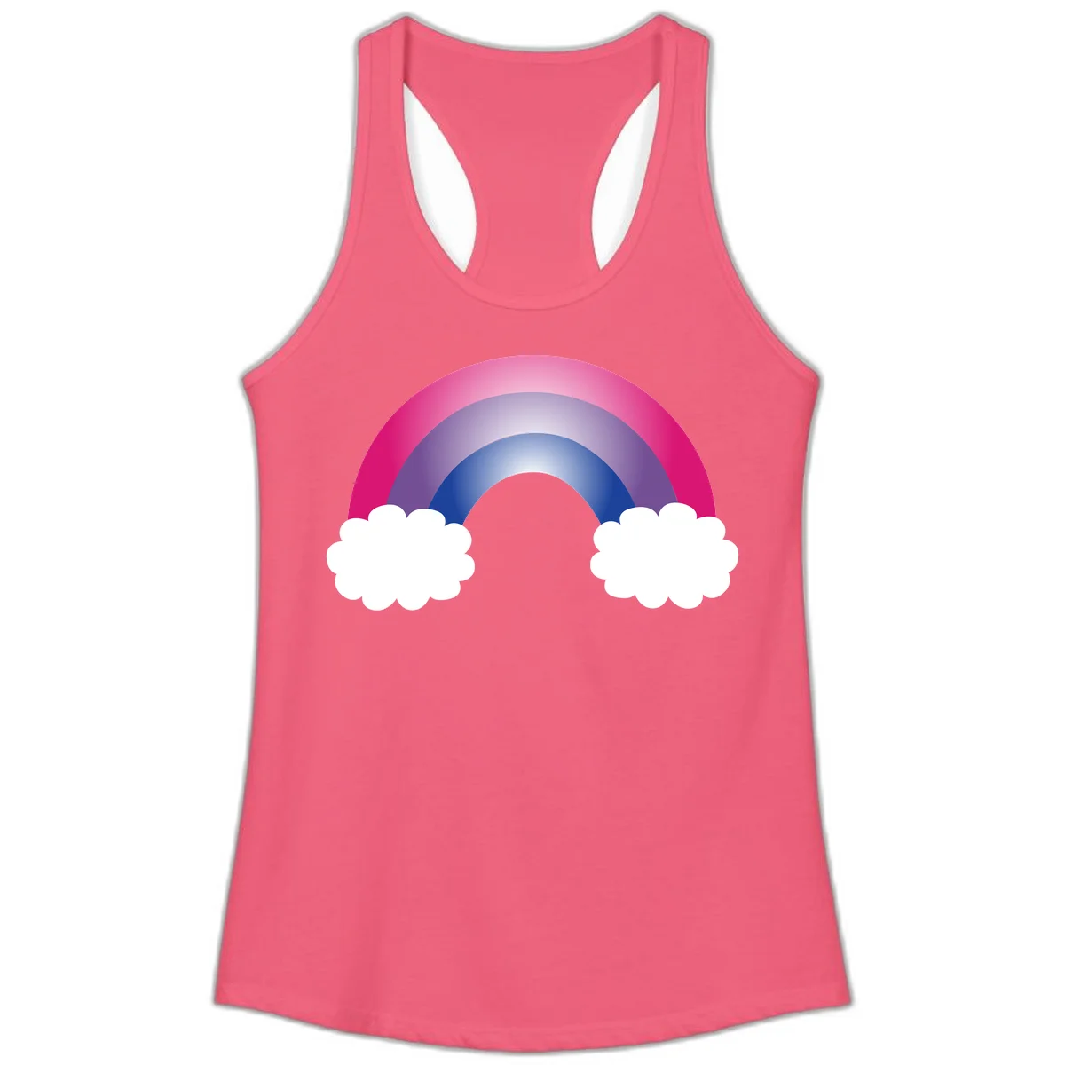 Illustration of a colorful gradient rainbow arc with pink, purple, and blue rings connecting two white fluffy clouds against a gray background in Hot Pink