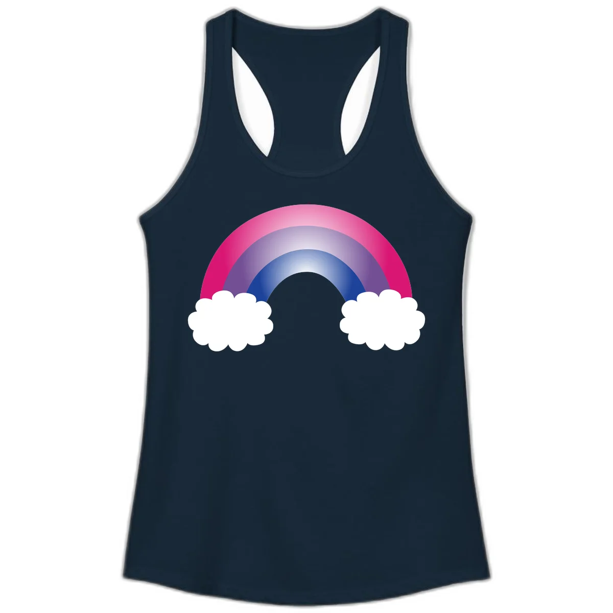 Illustration of a colorful gradient rainbow arc with pink, purple, and blue rings connecting two white fluffy clouds against a gray background in Solid Midnight Navy