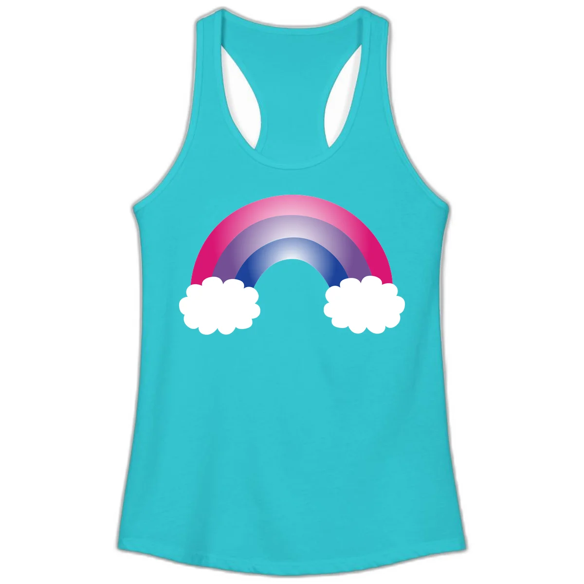 Illustration of a colorful gradient rainbow arc with pink, purple, and blue rings connecting two white fluffy clouds against a gray background in Solid Tahiti Blue