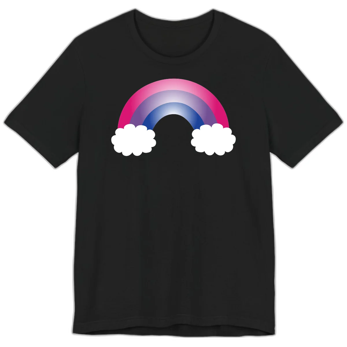 Illustration of a colorful gradient rainbow arc with pink, purple, and blue rings connecting two white fluffy clouds against a gray background in Black