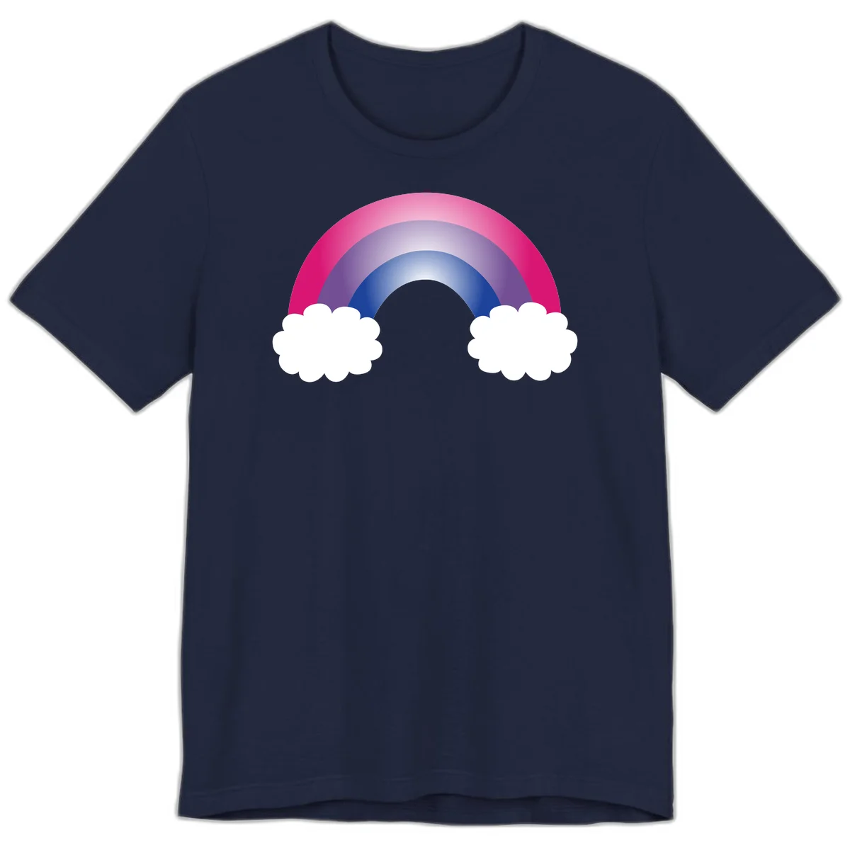 Illustration of a colorful gradient rainbow arc with pink, purple, and blue rings connecting two white fluffy clouds against a gray background in Navy