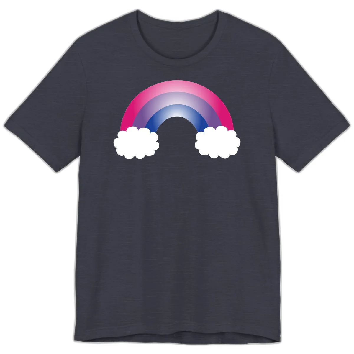 Illustration of a colorful gradient rainbow arc with pink, purple, and blue rings connecting two white fluffy clouds against a gray background in Heather Midnight Navy