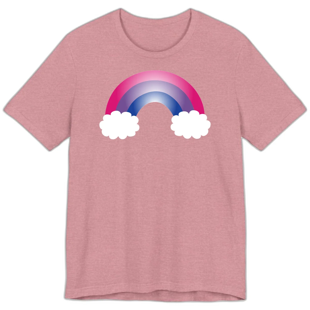 Illustration of a colorful gradient rainbow arc with pink, purple, and blue rings connecting two white fluffy clouds against a gray background in Heather Orchid