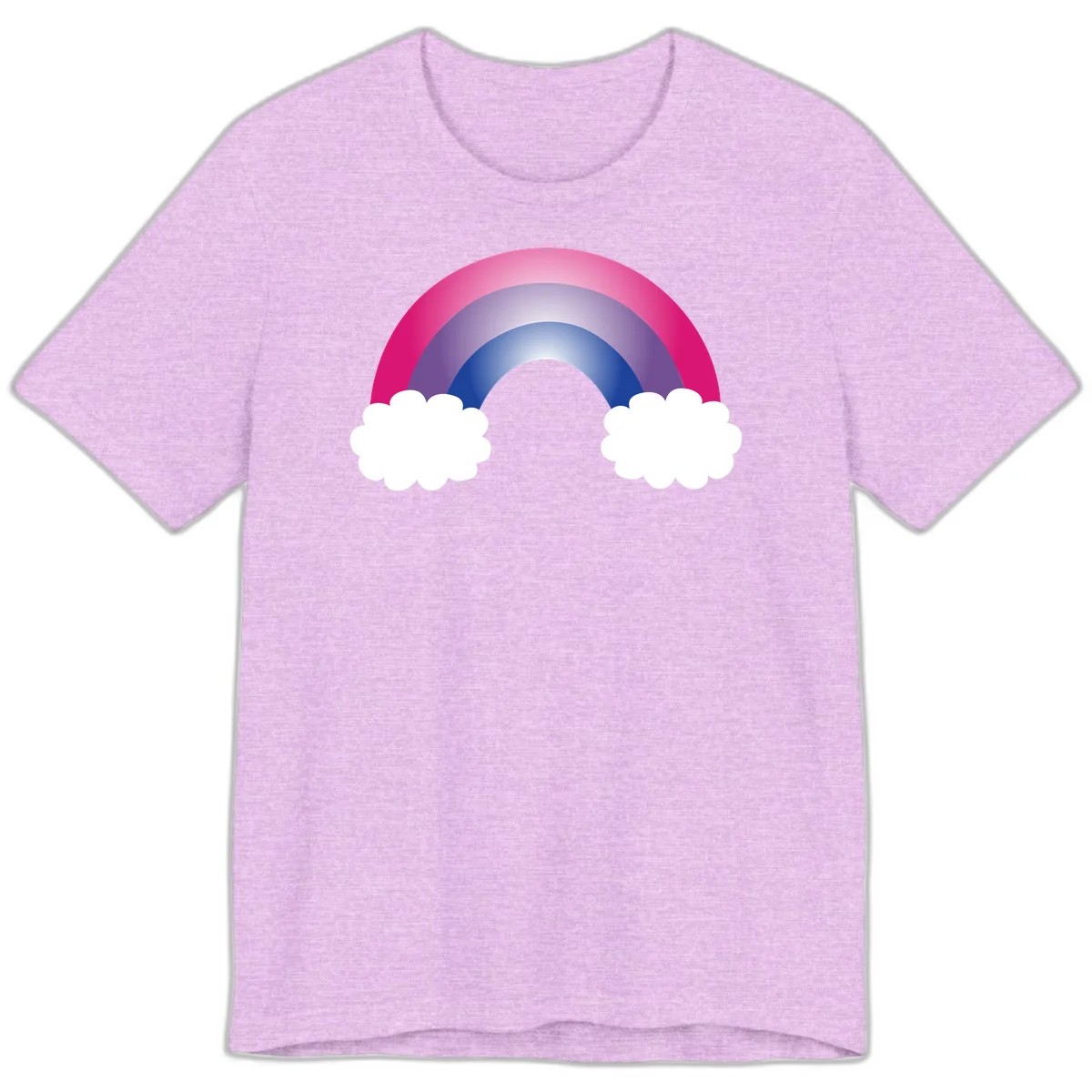 Illustration of a colorful gradient rainbow arc with pink, purple, and blue rings connecting two white fluffy clouds against a gray background in Heather Prism Lilac