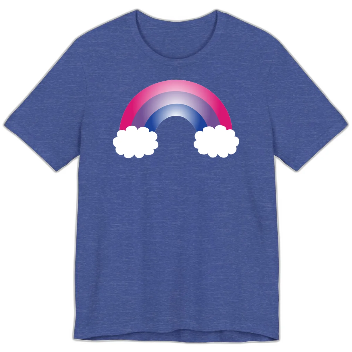 Illustration of a colorful gradient rainbow arc with pink, purple, and blue rings connecting two white fluffy clouds against a gray background in Heather True Royal