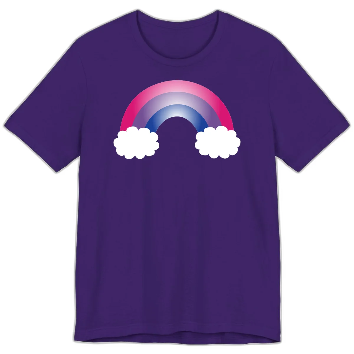 Illustration of a colorful gradient rainbow arc with pink, purple, and blue rings connecting two white fluffy clouds against a gray background in Team Purple