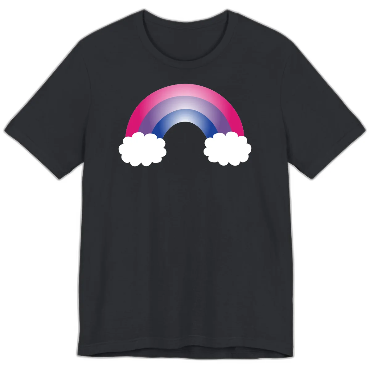 Illustration of a colorful gradient rainbow arc with pink, purple, and blue rings connecting two white fluffy clouds against a gray background in Vintage Black