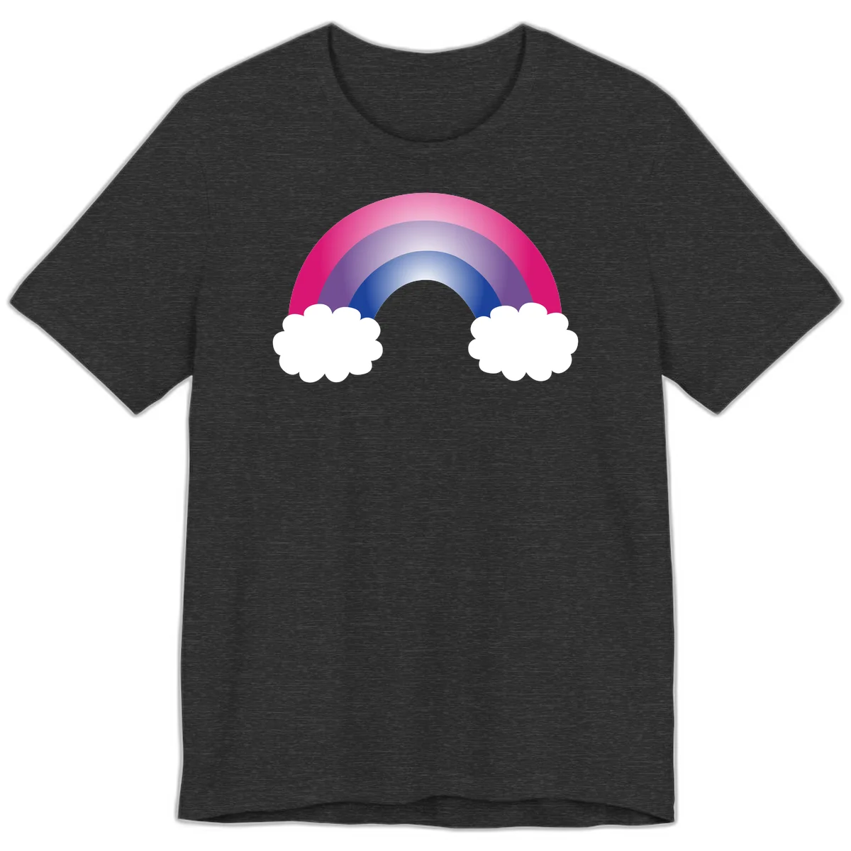 Illustration of a colorful gradient rainbow arc with pink, purple, and blue rings connecting two white fluffy clouds against a gray background in Dark Grey Heather