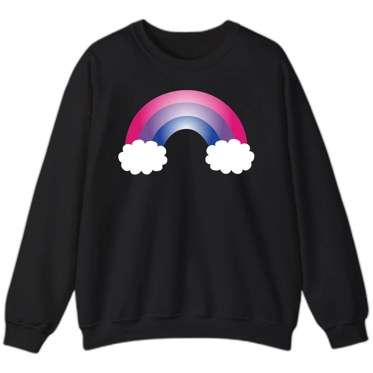 Illustration of a colorful gradient rainbow arc with pink, purple, and blue rings connecting two white fluffy clouds against a gray background in Black