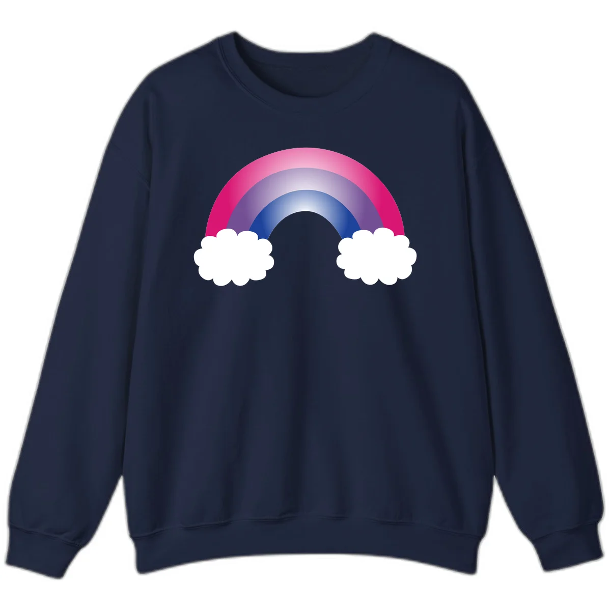 Illustration of a colorful gradient rainbow arc with pink, purple, and blue rings connecting two white fluffy clouds against a gray background in Navy