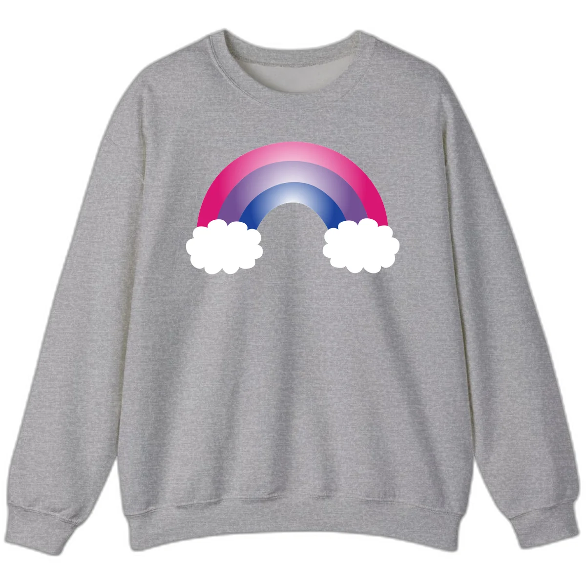Illustration of a colorful gradient rainbow arc with pink, purple, and blue rings connecting two white fluffy clouds against a gray background in Sport Grey