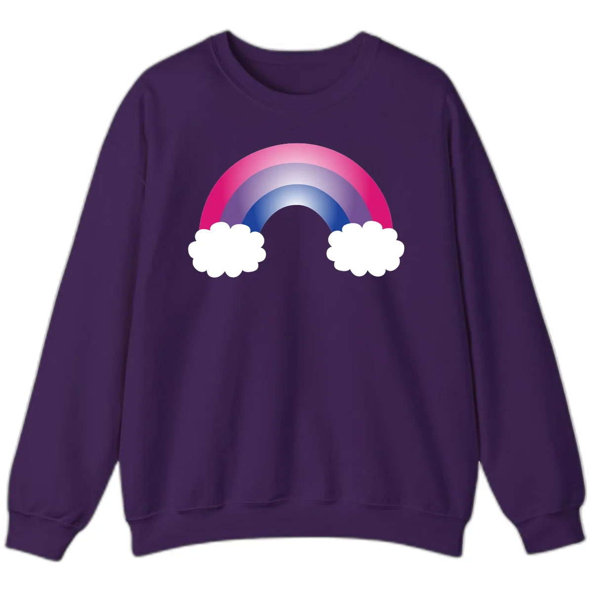 Illustration of a colorful gradient rainbow arc with pink, purple, and blue rings connecting two white fluffy clouds against a gray background in Purple