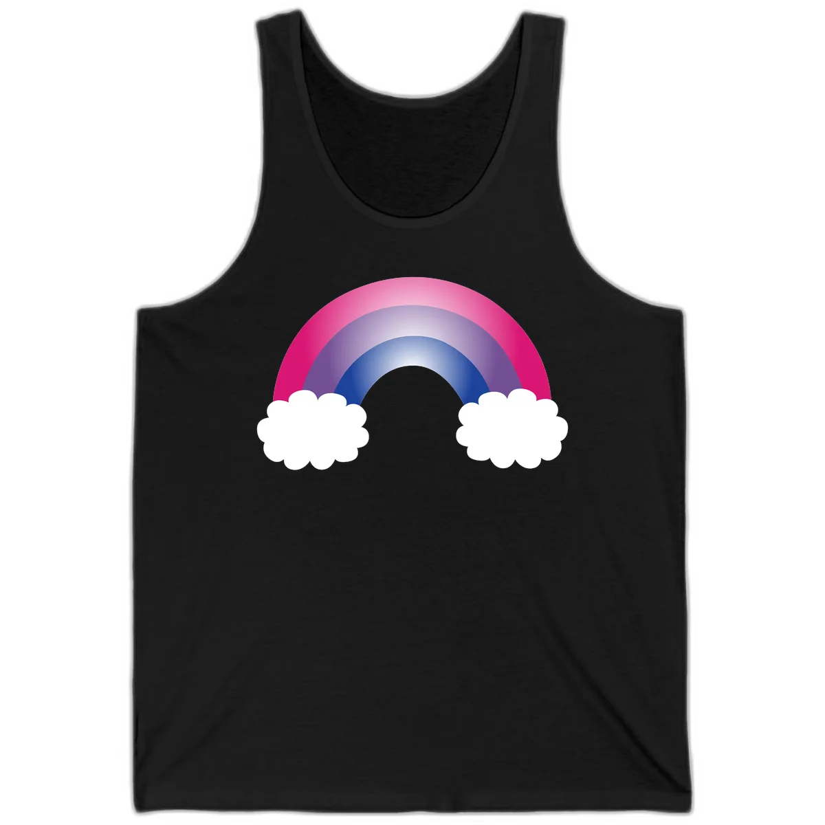 Illustration of a colorful gradient rainbow arc with pink, purple, and blue rings connecting two white fluffy clouds against a gray background in Black