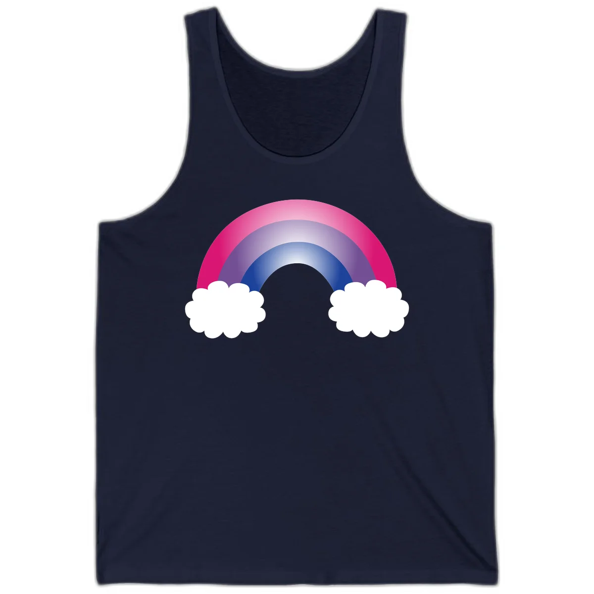 Illustration of a colorful gradient rainbow arc with pink, purple, and blue rings connecting two white fluffy clouds against a gray background in Navy