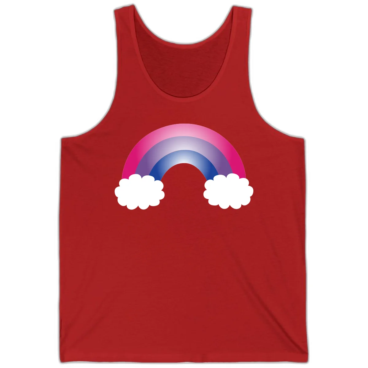 Illustration of a colorful gradient rainbow arc with pink, purple, and blue rings connecting two white fluffy clouds against a gray background in Red