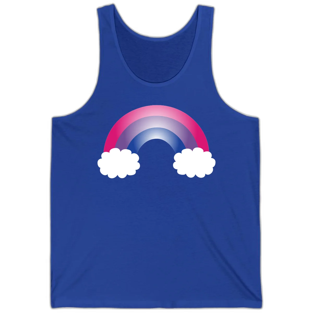 Illustration of a colorful gradient rainbow arc with pink, purple, and blue rings connecting two white fluffy clouds against a gray background in True Royal