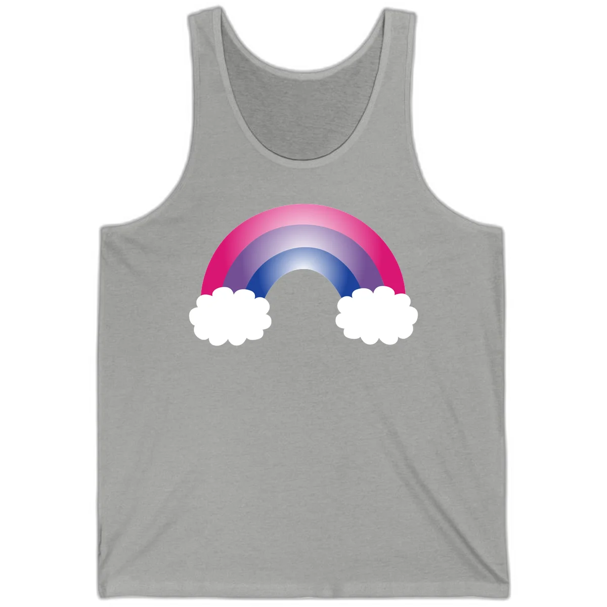 Illustration of a colorful gradient rainbow arc with pink, purple, and blue rings connecting two white fluffy clouds against a gray background in Athletic Heather