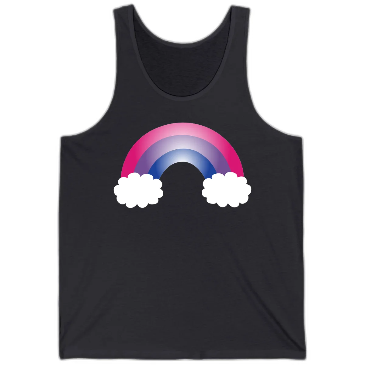 Illustration of a colorful gradient rainbow arc with pink, purple, and blue rings connecting two white fluffy clouds against a gray background in Dark Grey