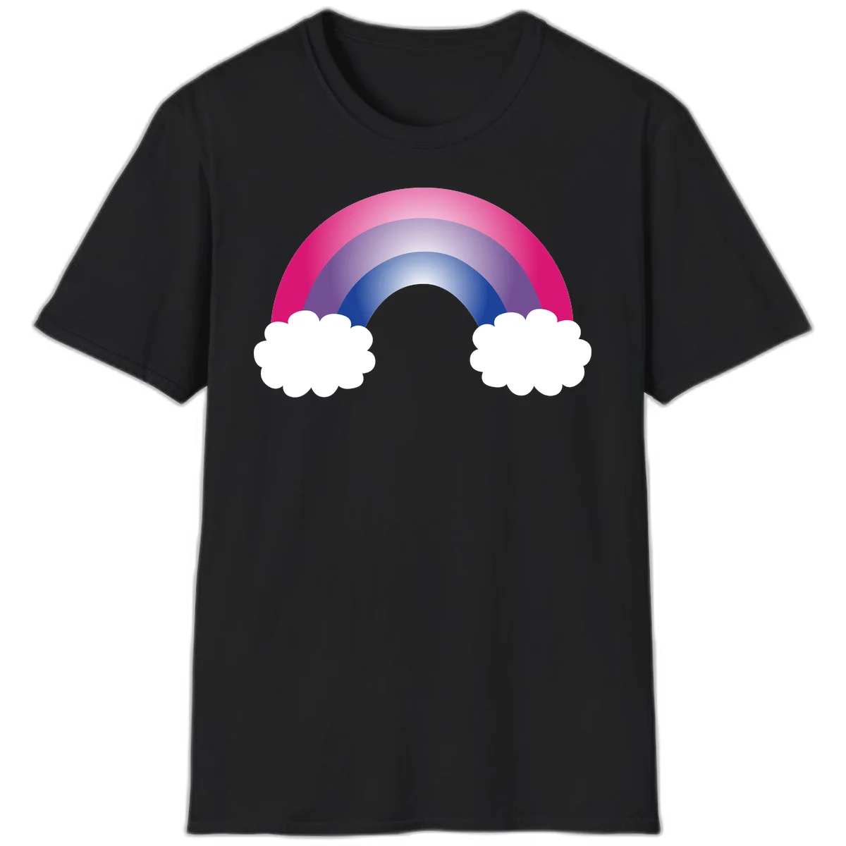Illustration of a colorful gradient rainbow arc with pink, purple, and blue rings connecting two white fluffy clouds against a gray background in Black