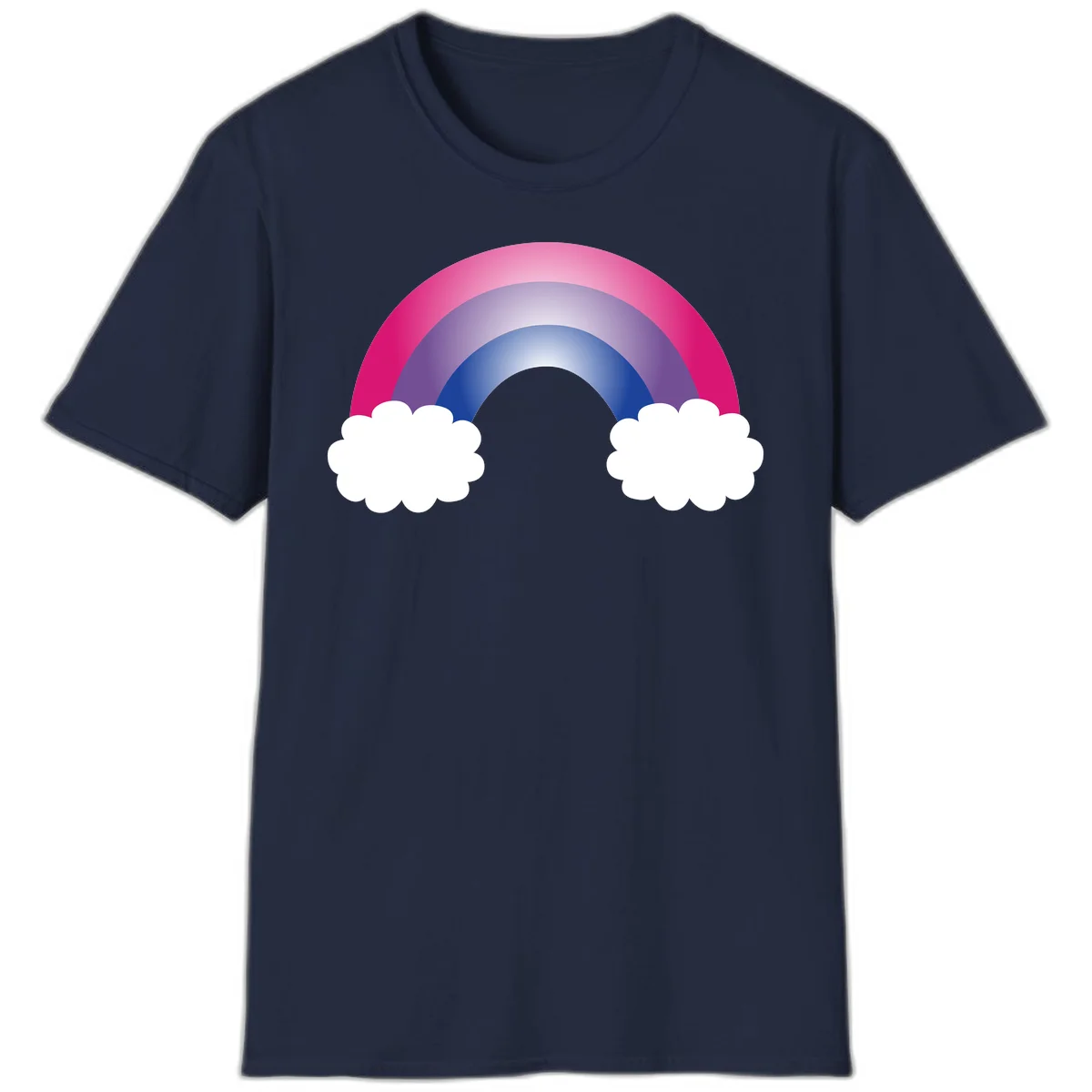 Illustration of a colorful gradient rainbow arc with pink, purple, and blue rings connecting two white fluffy clouds against a gray background in Navy
