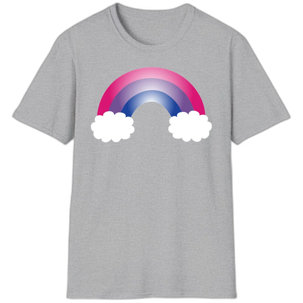 Illustration of a colorful gradient rainbow arc with pink, purple, and blue rings connecting two white fluffy clouds against a gray background in Sport Grey