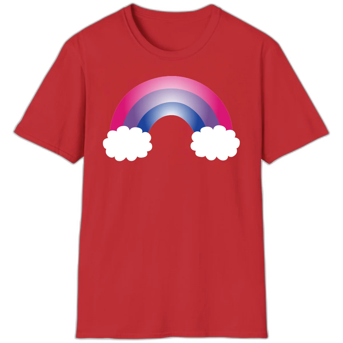 Illustration of a colorful gradient rainbow arc with pink, purple, and blue rings connecting two white fluffy clouds against a gray background in Red
