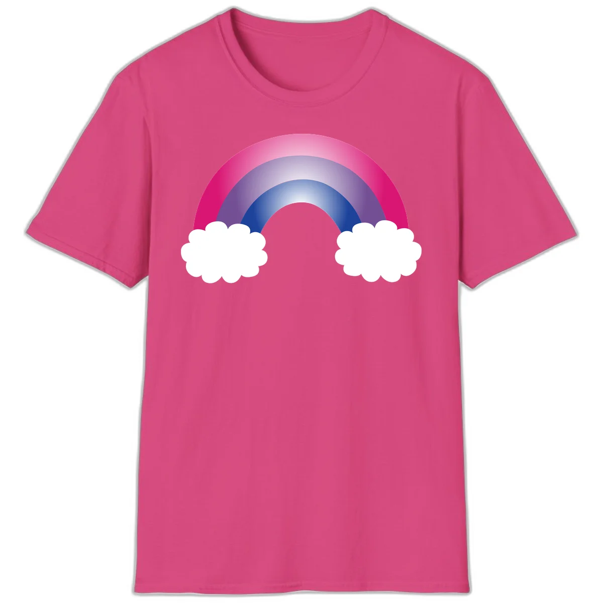 Illustration of a colorful gradient rainbow arc with pink, purple, and blue rings connecting two white fluffy clouds against a gray background in Heliconia
