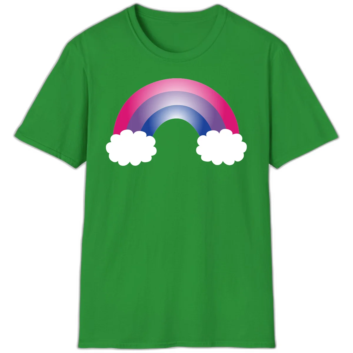 Illustration of a colorful gradient rainbow arc with pink, purple, and blue rings connecting two white fluffy clouds against a gray background in Irish Green