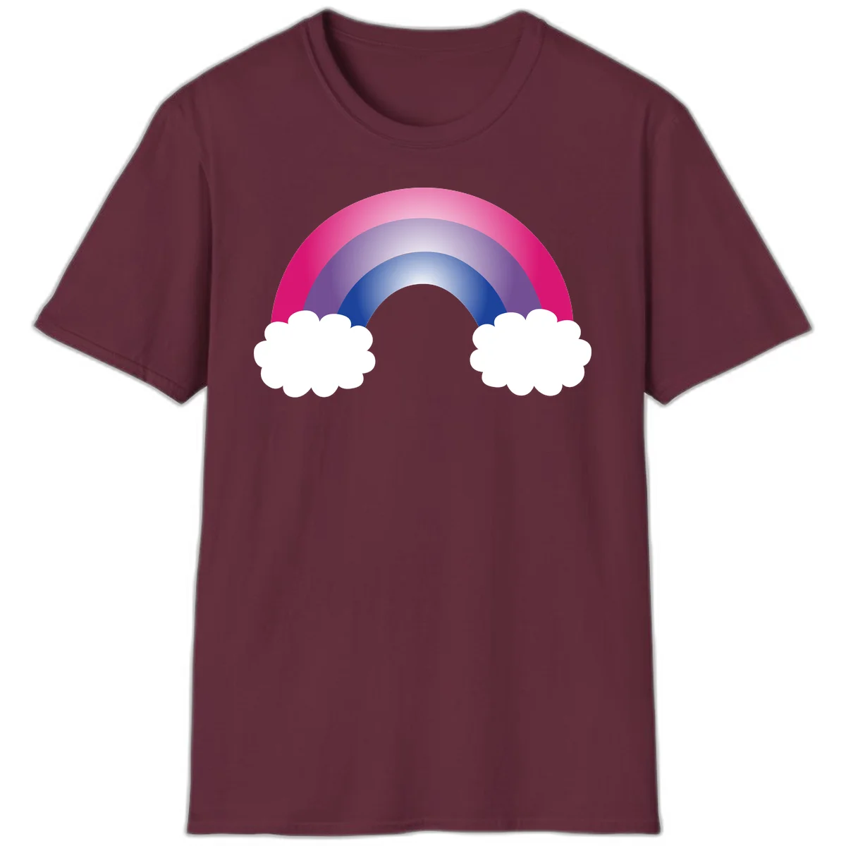 Illustration of a colorful gradient rainbow arc with pink, purple, and blue rings connecting two white fluffy clouds against a gray background in Maroon
