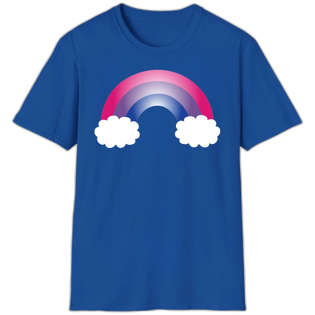 Illustration of a colorful gradient rainbow arc with pink, purple, and blue rings connecting two white fluffy clouds against a gray background in Royal