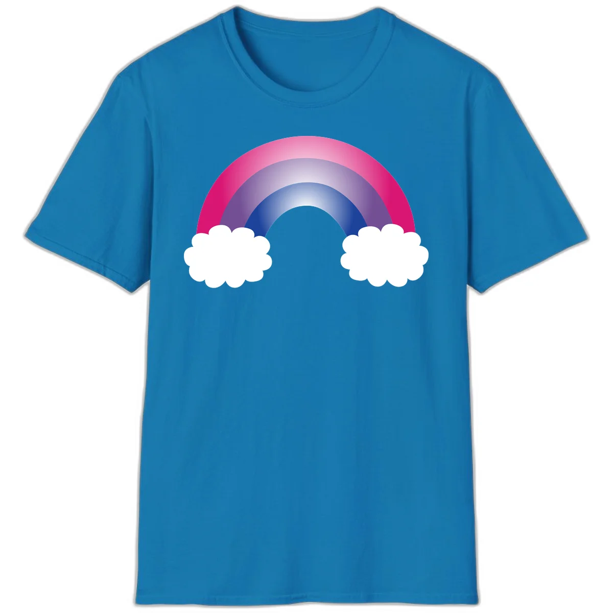 Illustration of a colorful gradient rainbow arc with pink, purple, and blue rings connecting two white fluffy clouds against a gray background in Sapphire