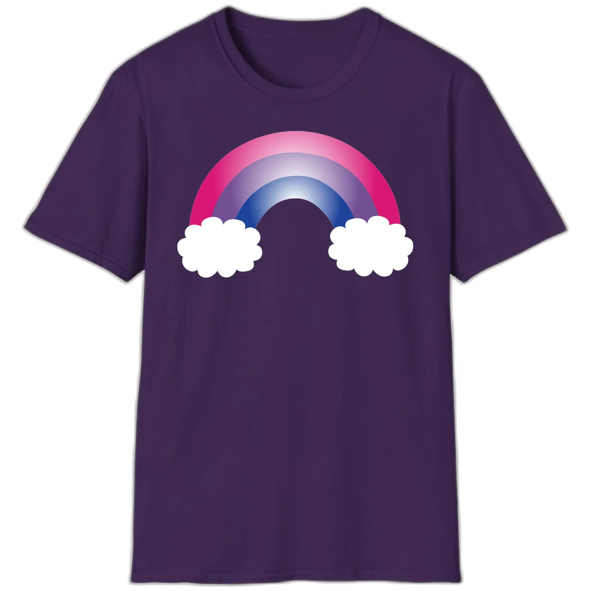 Illustration of a colorful gradient rainbow arc with pink, purple, and blue rings connecting two white fluffy clouds against a gray background in Purple