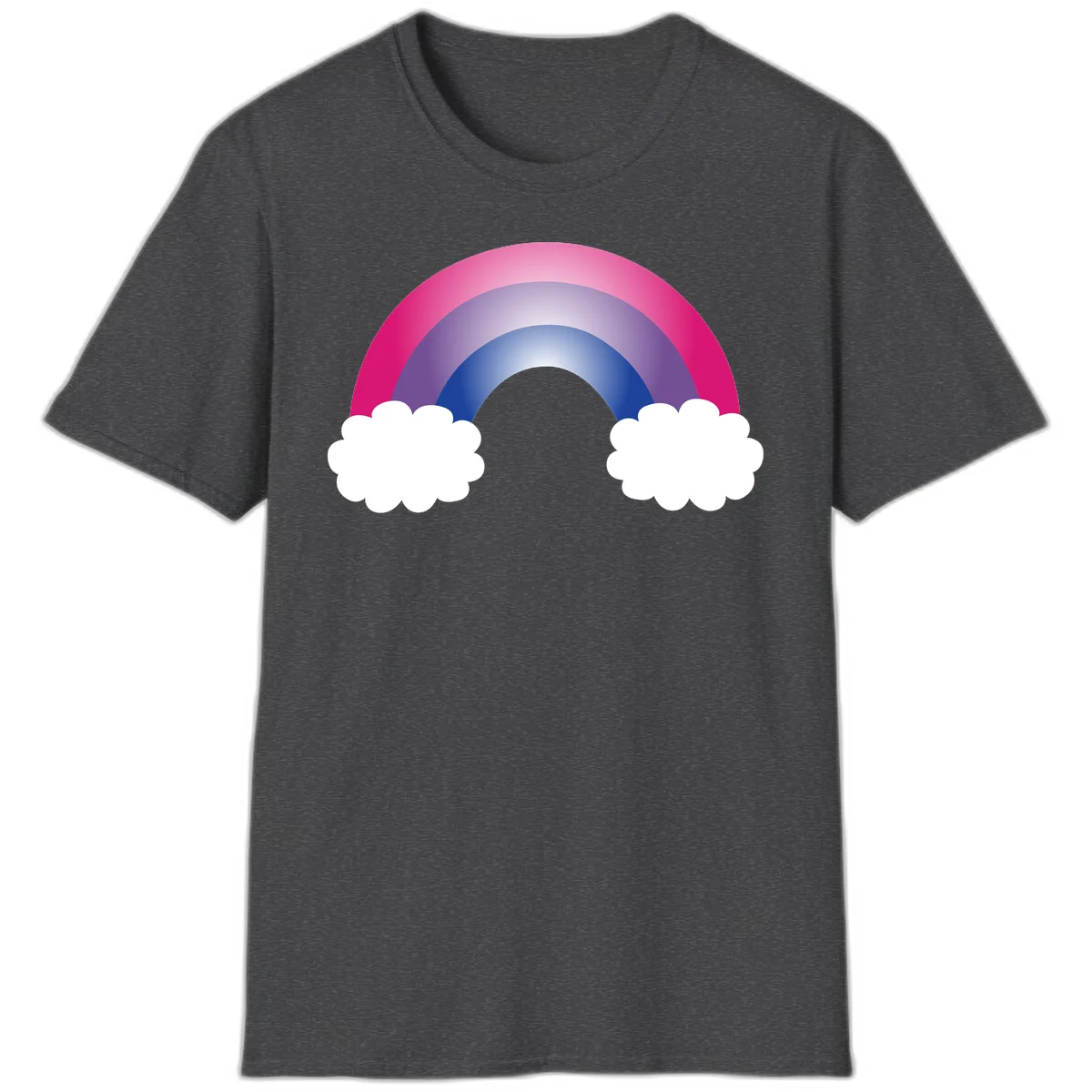 Illustration of a colorful gradient rainbow arc with pink, purple, and blue rings connecting two white fluffy clouds against a gray background in Dark Heather