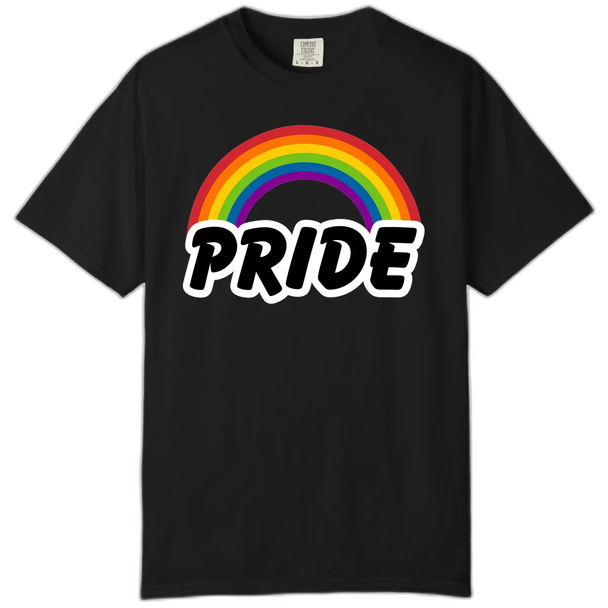 Colorful rainbow arc above bold black 'PRIDE' text with white outline on gray background in Black