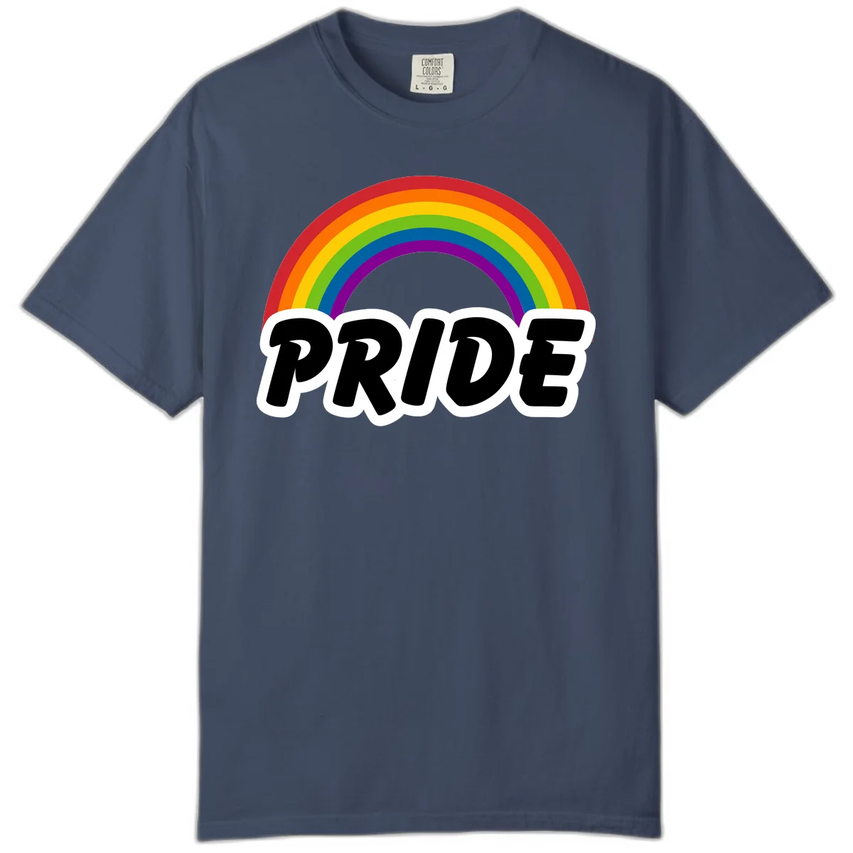 Colorful rainbow arc above bold black 'PRIDE' text with white outline on gray background in Midnight