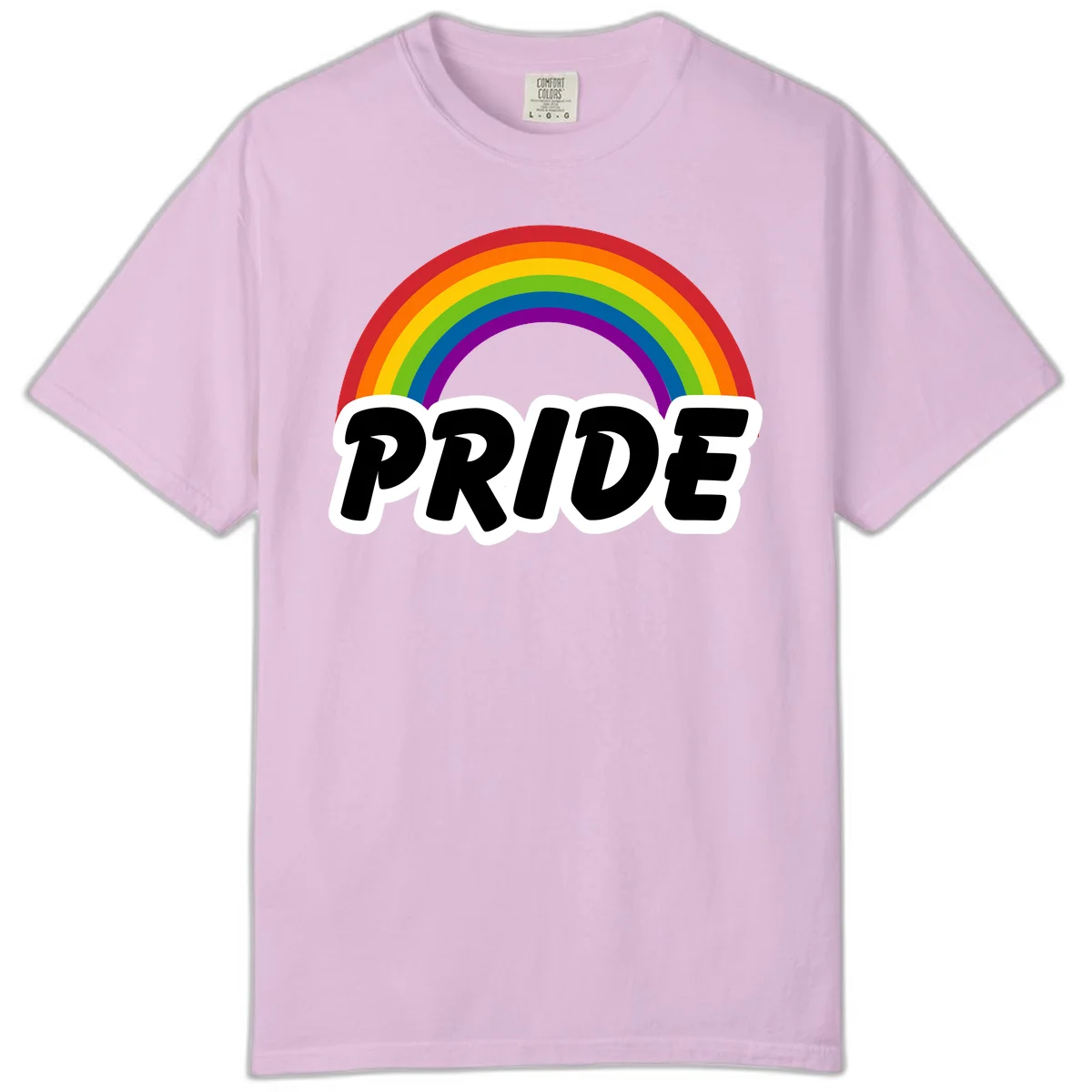 Colorful rainbow arc above bold black 'PRIDE' text with white outline on gray background in Orchid