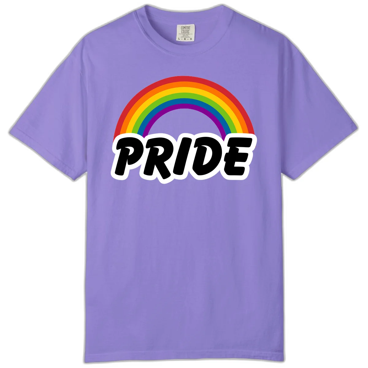 Colorful rainbow arc above bold black 'PRIDE' text with white outline on gray background in Violet