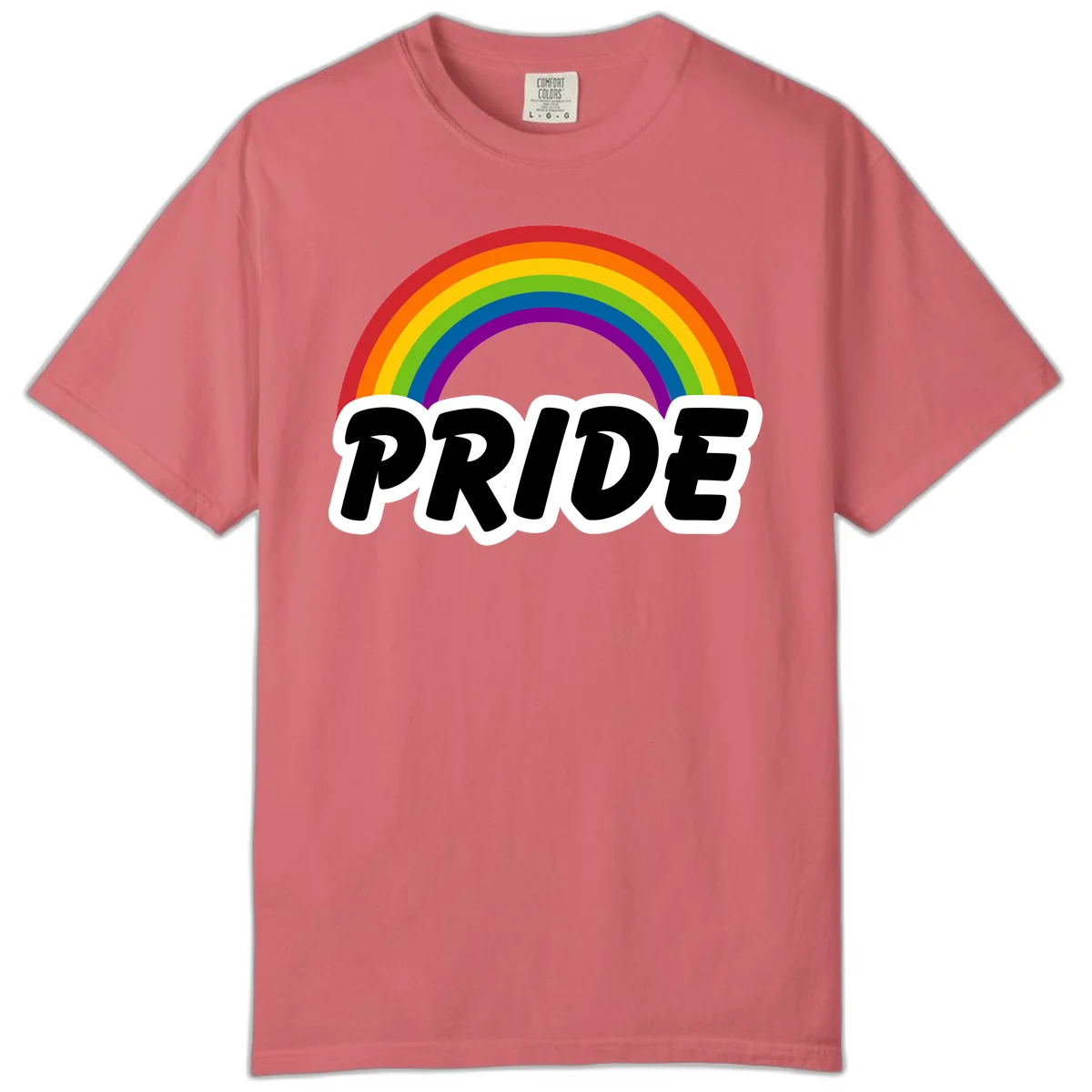 Colorful rainbow arc above bold black 'PRIDE' text with white outline on gray background in Watermelon