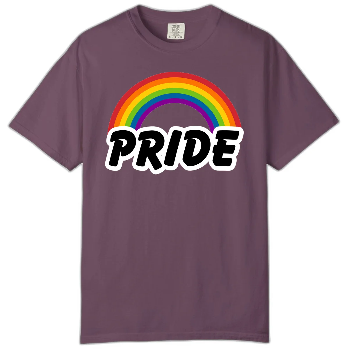 Colorful rainbow arc above bold black 'PRIDE' text with white outline on gray background in Berry