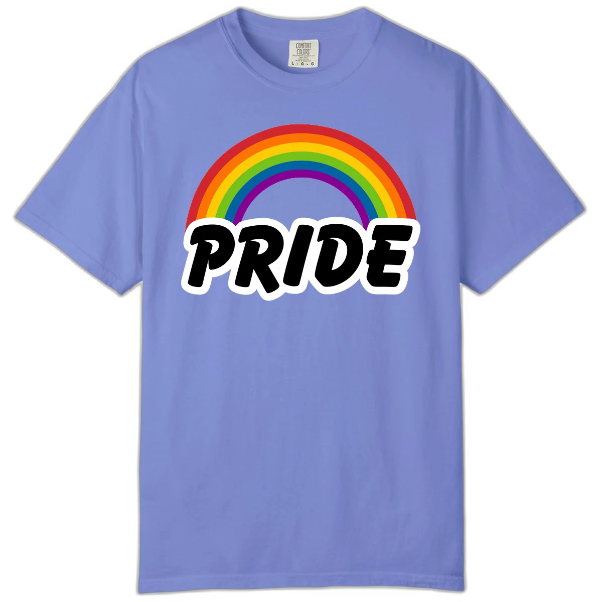 Colorful rainbow arc above bold black 'PRIDE' text with white outline on gray background in Flo Blue
